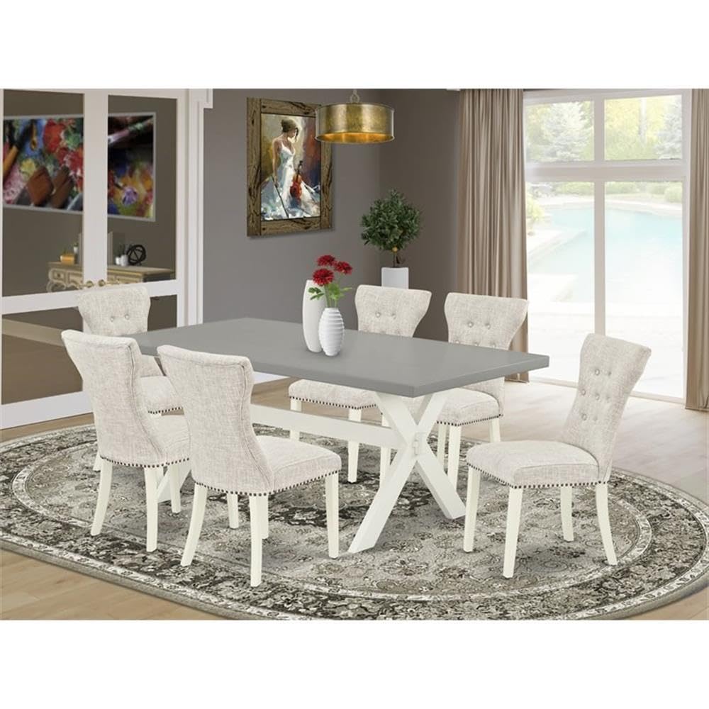 East West Furniture X097Ga235-7 7 Piece Modern Dining Table Set Consist Of A Rectangle Wooden Table With X-Legs And 6 Doeskin Linen Fabric Parsons Dining Chairs, 40X72 Inch, Multi-Color